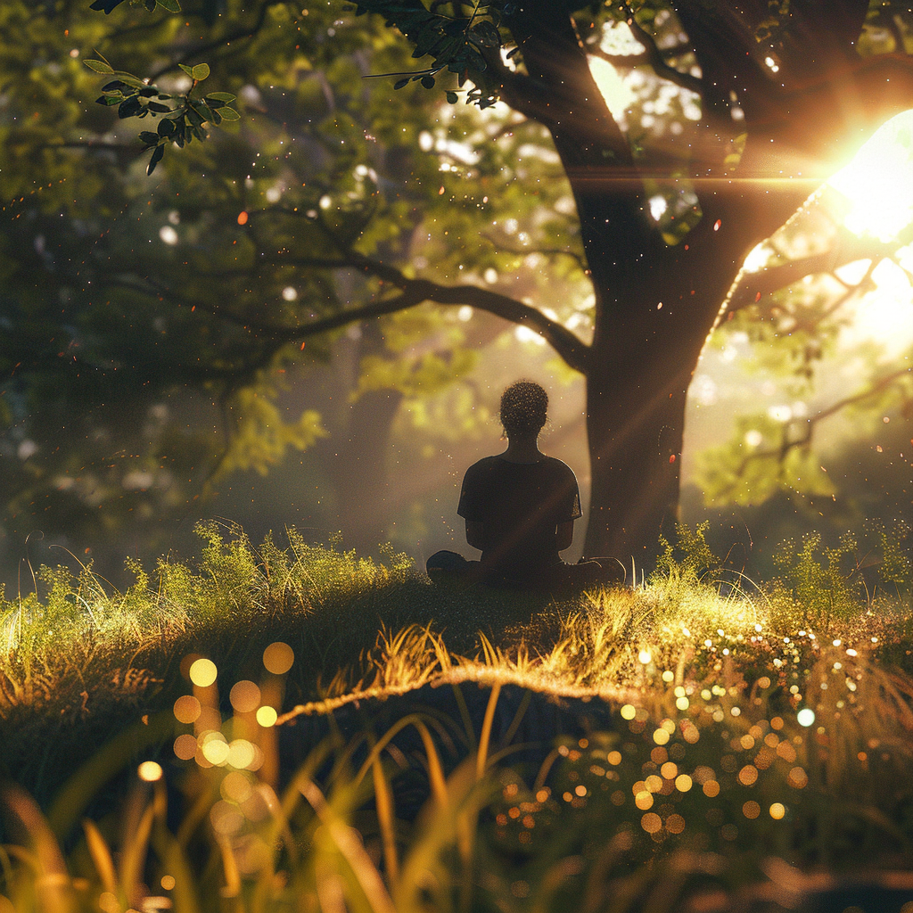 Person sitting in forest with mental illness